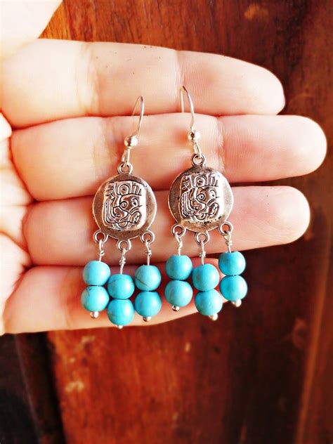 Blue Beads Mayan Earrings Silver Sky Blue Jewelry Dangle Drop