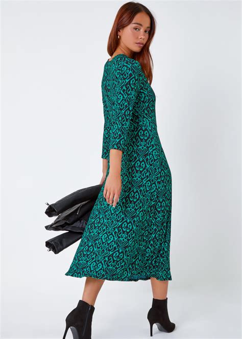 Roman Petite Green Aztec Print Tie Waist Midi Stretch Dress Matalan