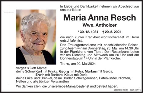 Traueranzeigen Von Maria Anna Antholzer Trauer Bz