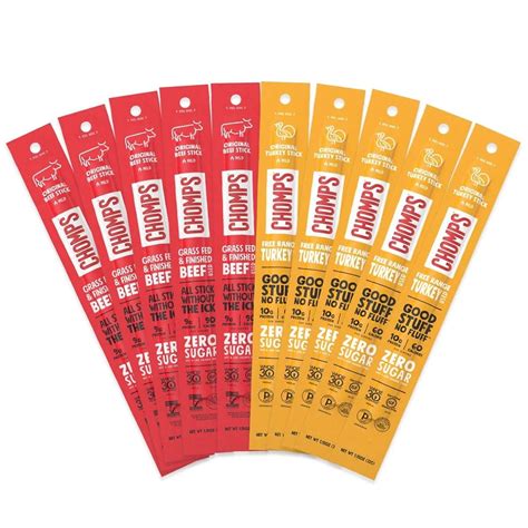 Chomps Grass Fed Beef And Turkey Jerky Sticks Originals Variety Pack 10