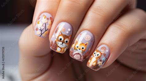 Acrylic Nails with Cute Cats Art and Boho Florals, Artistic Nail ...