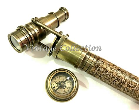 Brass Hidden Telescope Walking Stick Leather Engraved Gem