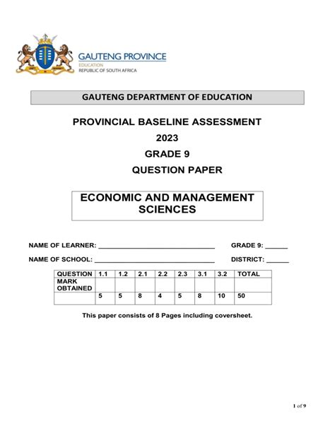 Ems Baseline Assessment For Grade 9 2023 Revised Paper