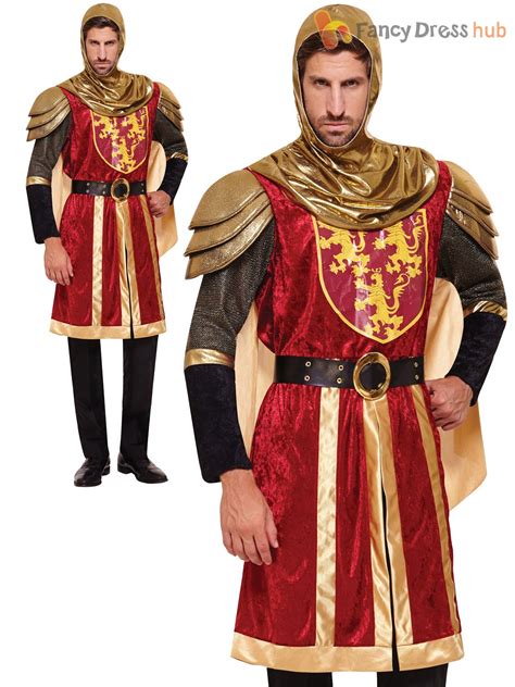 Adults Red Crusader Costume Mens Medieval Knight Fancy Dress King