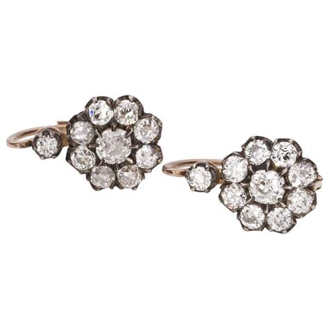 Victorian Old European Cut Diamond Floral Cluster Earrings For Sale At