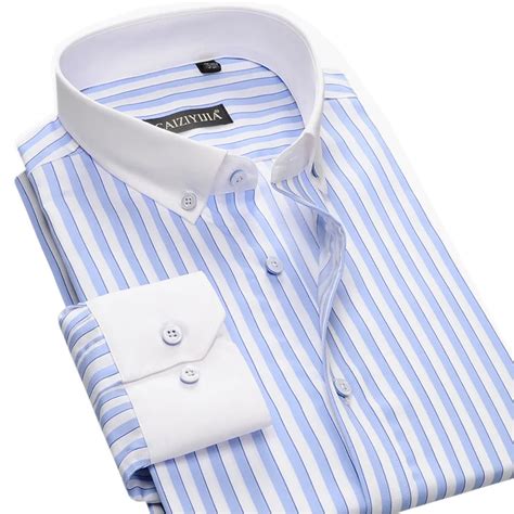 New Fashion White Collar Button Down Mens Striped Dress Shirts Long Sleeve Slim Fit Cotton