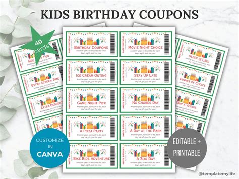 Birthday Coupon Book for Kids Birthday Gift Voucher Printable Kids Coupon Book Birthday Gift ...