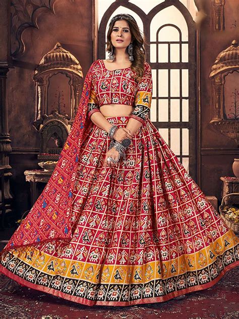 Tango Red Cotton Multicolor Satin Digital Print Navratri Lehenga Choli