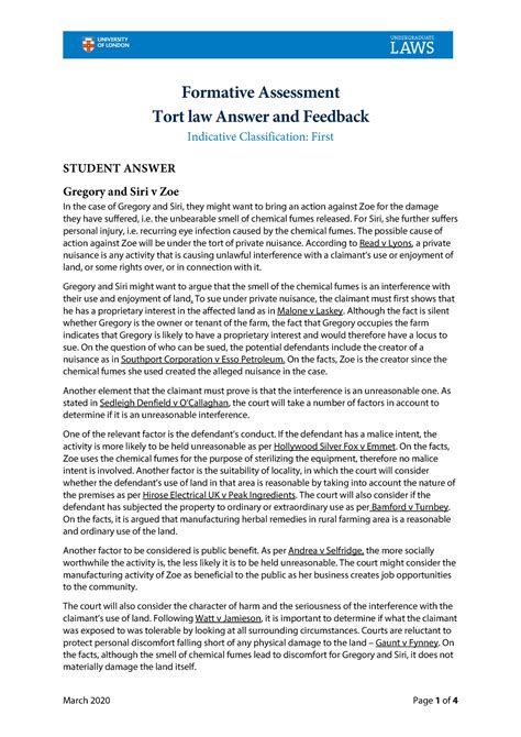 Tort Nuisance First Formative Assessment Tort Law Answer And