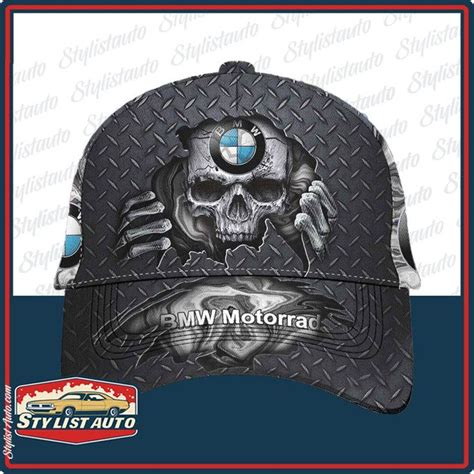 A Bmw Cap With A Skull On The Front And Blue White And Black Background