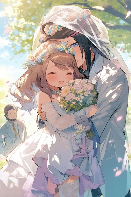 Premium AI Image | Anime couple hugging each other with a wedding dress on the cover.