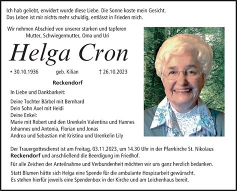 Helga Cron Traueranzeige Trauer InFranken De