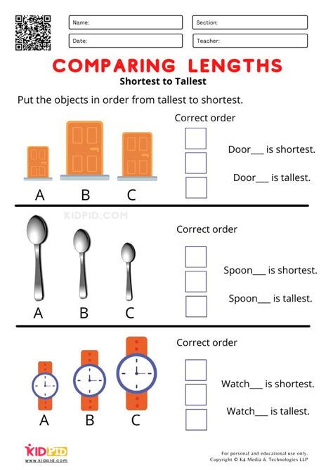 Shortest To Tallest Comparing Lengths Worksheets For Grade I 1st