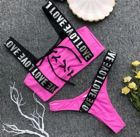 Sexy Summer Beach Wear Letter Love Push Up Bikini Set WomenSwimming