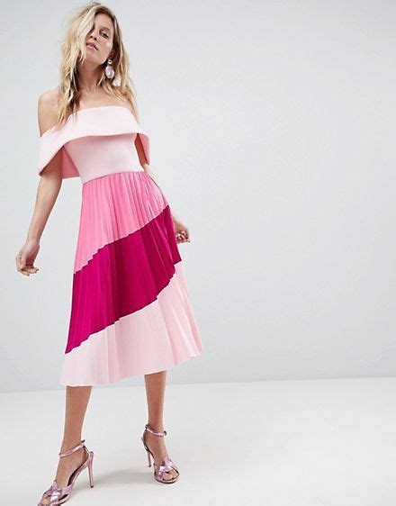 Asos Scuba Bardot Color Block Pleated Midi Dress Pleated Midi Dress