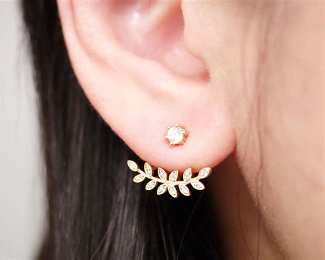 Gold Cubic Zirconia Leaf Ear Jacket Earrings Two Side