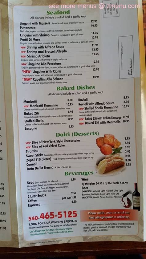 Menu at Ciro's Pizza pizzeria, Strasburg