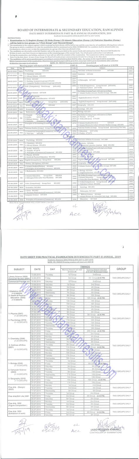 BISE Rawalpindi Inter Date Sheet 2019 - All Pakistan Exam Results