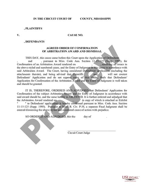 Mississippi Agreed Order Of Confirmation Of Arbitration Award And