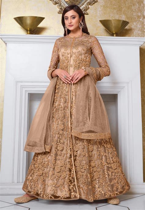 Beige Net Embroidered Jacket Style Anarkali Suit 4626