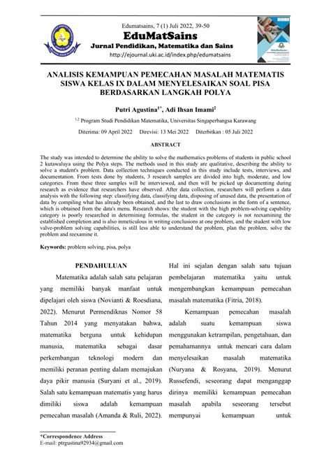 Pdf Analisis Kemampuan Pemecahan Masalah Matematis Siswa Kelas Ix Dalam Menyelesaikan Soal