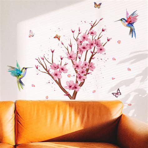 Cherry Blossom Branch Wall Decals Hummingbird Floral Wall