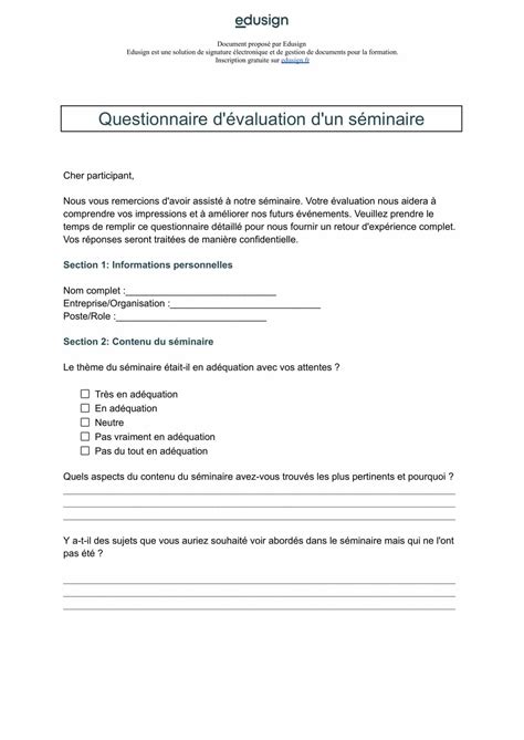 Modèle de questionnaire Evaluation de séminaire Edusign