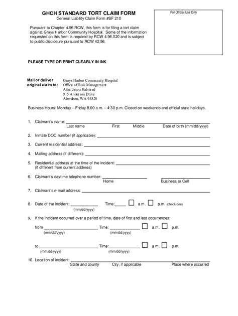 Fillable Online Ghch Standard Tort Claim Form Fax Email Print Pdffiller