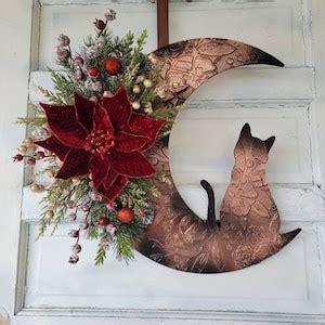 Winter Crescent Moon Christmas Cat Poinsettia Wreath Witchy Seasonal