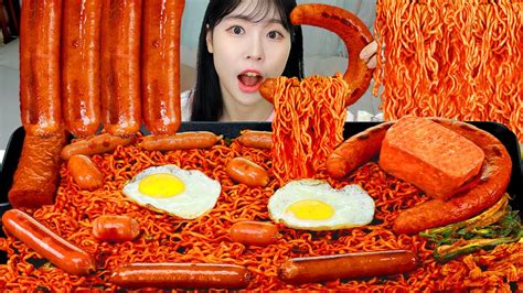 Asmr Mukbang Fried Sausages And Fire Noodles