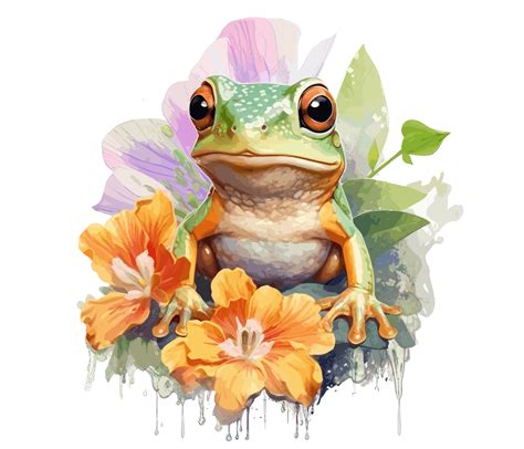 Adorable Baby Frog with Flowers Watercolor. 23657839 PNG