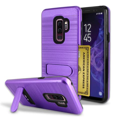 Samsung Galaxy S9 Plus Brushed Shockproof With Kickstand Card Slot Holder Case Cover Purple