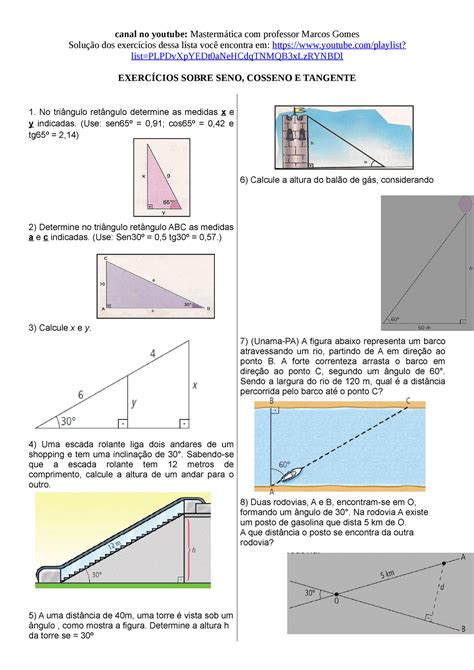 Lista de exercícios sobre seno cosseno e tangente canal no youtube