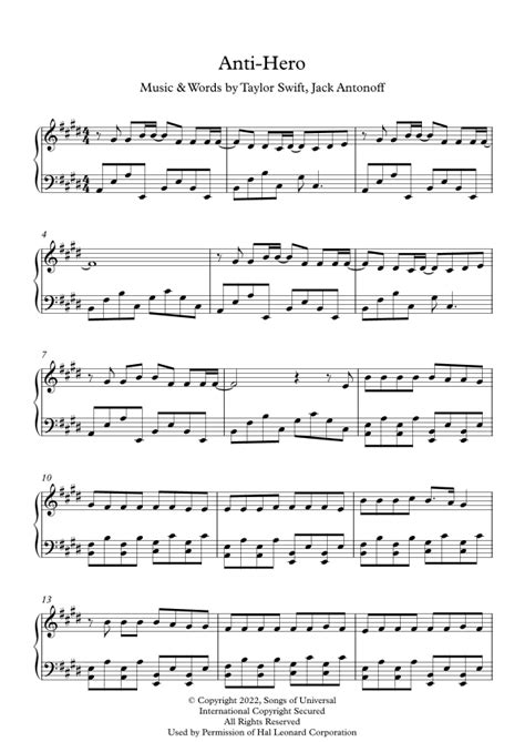 Anti Hero Arr Roxana Belibou By Taylor Swift Sheet Music For Piano