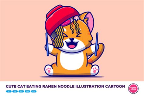 Cute Cat Eating Ramen Noodle Cartoon Graphic By Catalyststuff