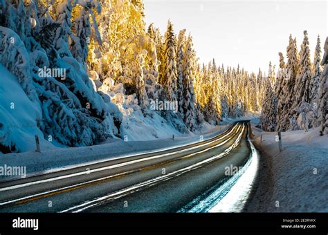 Icy Highway Through A Snow Covered Arctic Forest On A Bright Winters