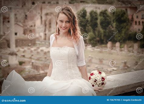 Smiling Bride in the Ancient City. Rome Italy. Wedding Dress. Stock ...