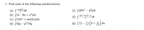 Solved 1 Find Each Of The Following Antiderivatives A Chegg