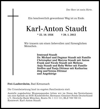 Traueranzeigen Von Karl Anton Staudt Rz Trauer De