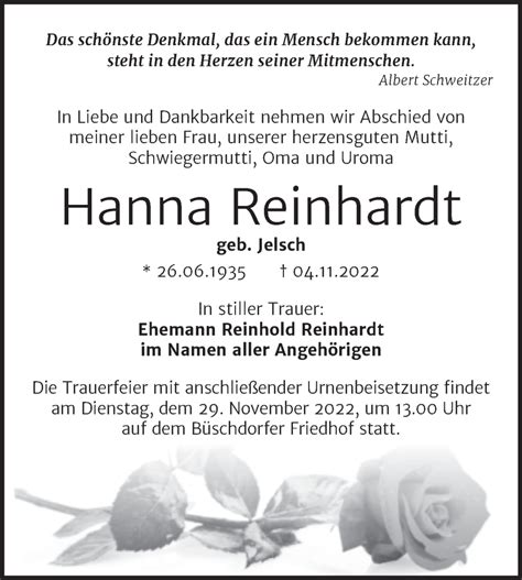 Traueranzeigen Von Hanna Reinhardt Abschied Nehmen De