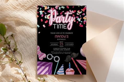 Diy Party Time Birthday Confetti Invitation Printable Template Black