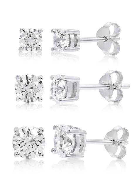 Unbrand Sterling Silver Round Cubic Zirconia Stud Earrings Set Of 3