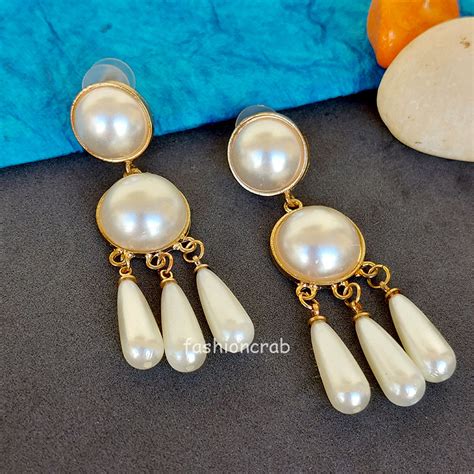 Gold Toned Long Pearl Drop Earrings