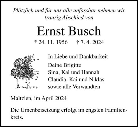 Traueranzeigen Von Ernst Busch Trauer Anzeigen De