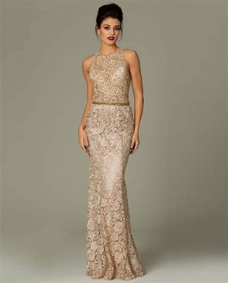 Gorgeous Sheath High Neck Long Champagne Venice Lace Beaded Occasion