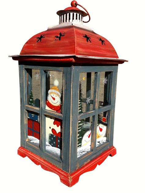 Holiday Candle Holder Lantern With Handpainted Snowman Glass Wood