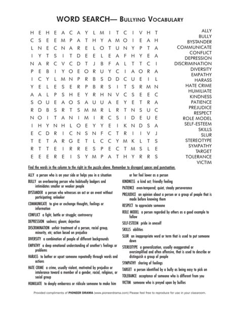 Word Search Bullying Vocabulary