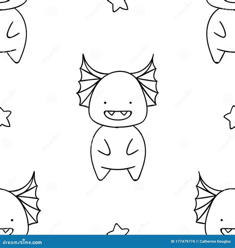 Simple Seamless Pattern Black And White Cute Kawaii Hand Drawn Monster