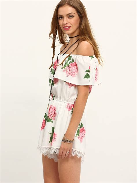 White Off The Shoulder Flower Print Jumpsuit Shein Sheinside