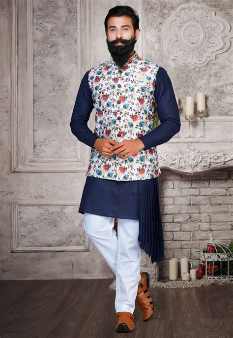 Navy Blue Art Silk Readymade Kurta Pajama With Jacket 175280 Waistcoat Designs Wedding Kurta